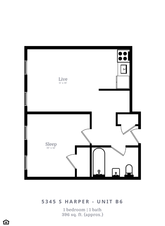 Floor plan for 1 bed, 1 bath, 378 sqft